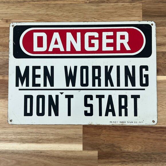 Vtg Industrial Work Advertising Tin Metal Sign Danger Men Working Ready Made - Picture 1 of 6